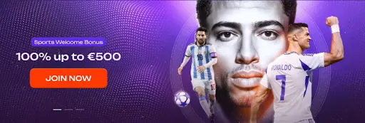 Bannière principale de paris sportifs avec des joueurs de football sur fond violet mettant en avant une ambiance de match dynamique et des offres promotionnelles