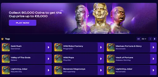 Bannière promotionnelle principale avec des statues de joueurs de football sur fond violet invitant à collecter 80 000 pièces pour obtenir un prix de coupe jusqu’à €8 000