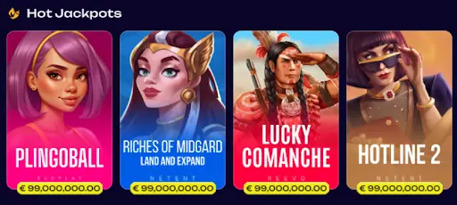 Sélection de machines à sous Hot Jackpots avec Plingoball, Riches of Midgard, Lucky Comanche et Hotline 2, affichant des jackpots élevés dans une interface de casino en ligne moderne