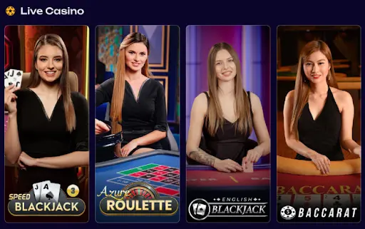 Section Live Casino présentant des croupières professionnelles pour le blackjack, la roulette et le baccarat dans une interface de casino en ligne moderne
